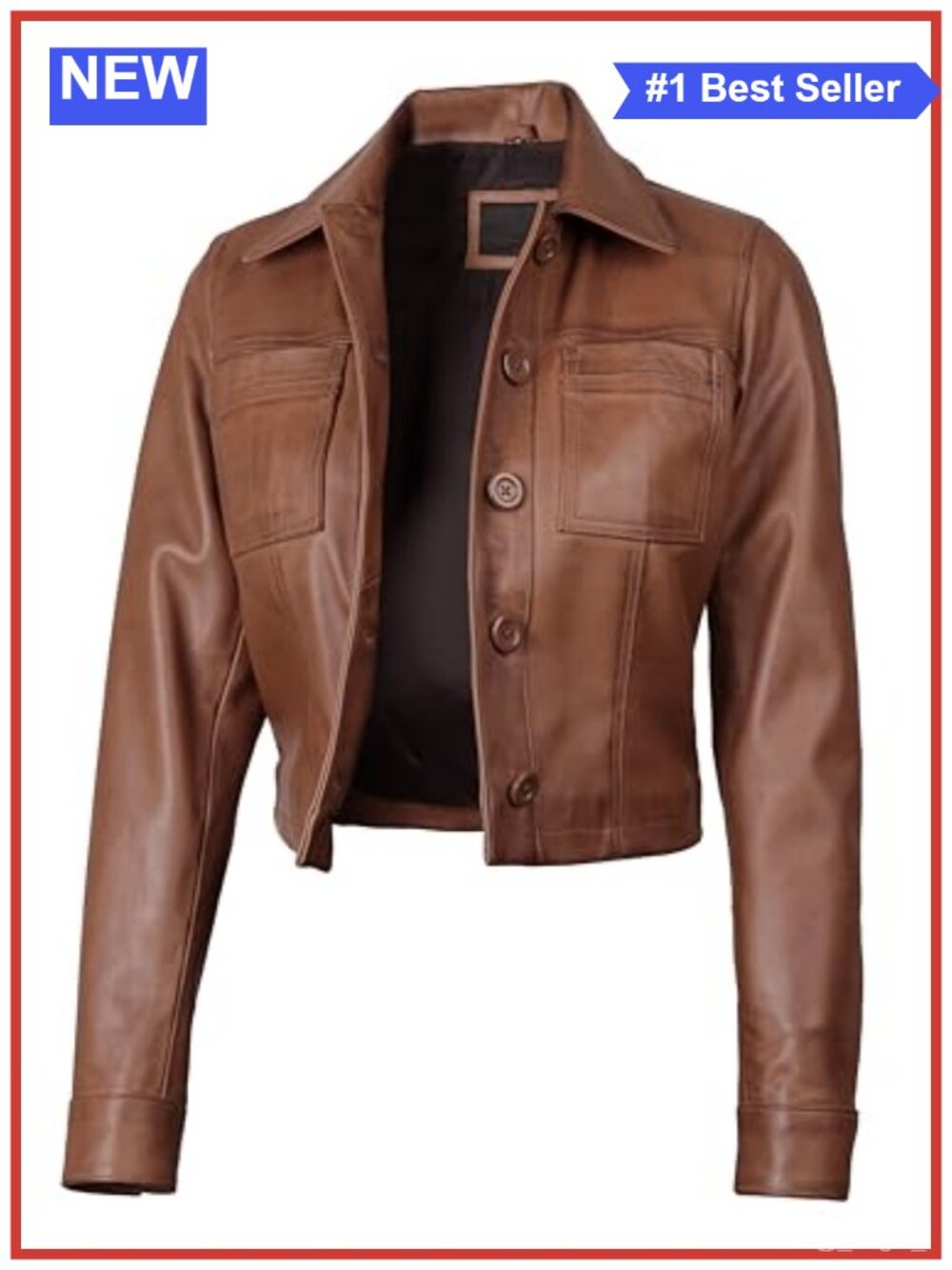 Cropped Lambskin Leather Jacket Shirt Collar Button Closure